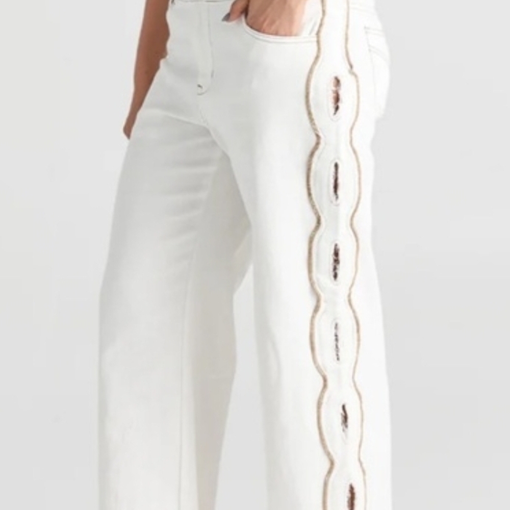 White Wide-Leg Jeans with Decorative Side Trim